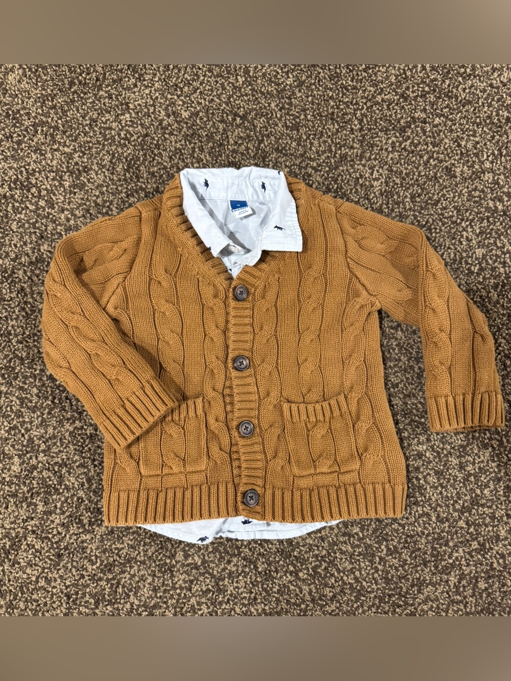 Boys 3T dinosaur long sleeve button-down shirt W/ brown cableknit sweater